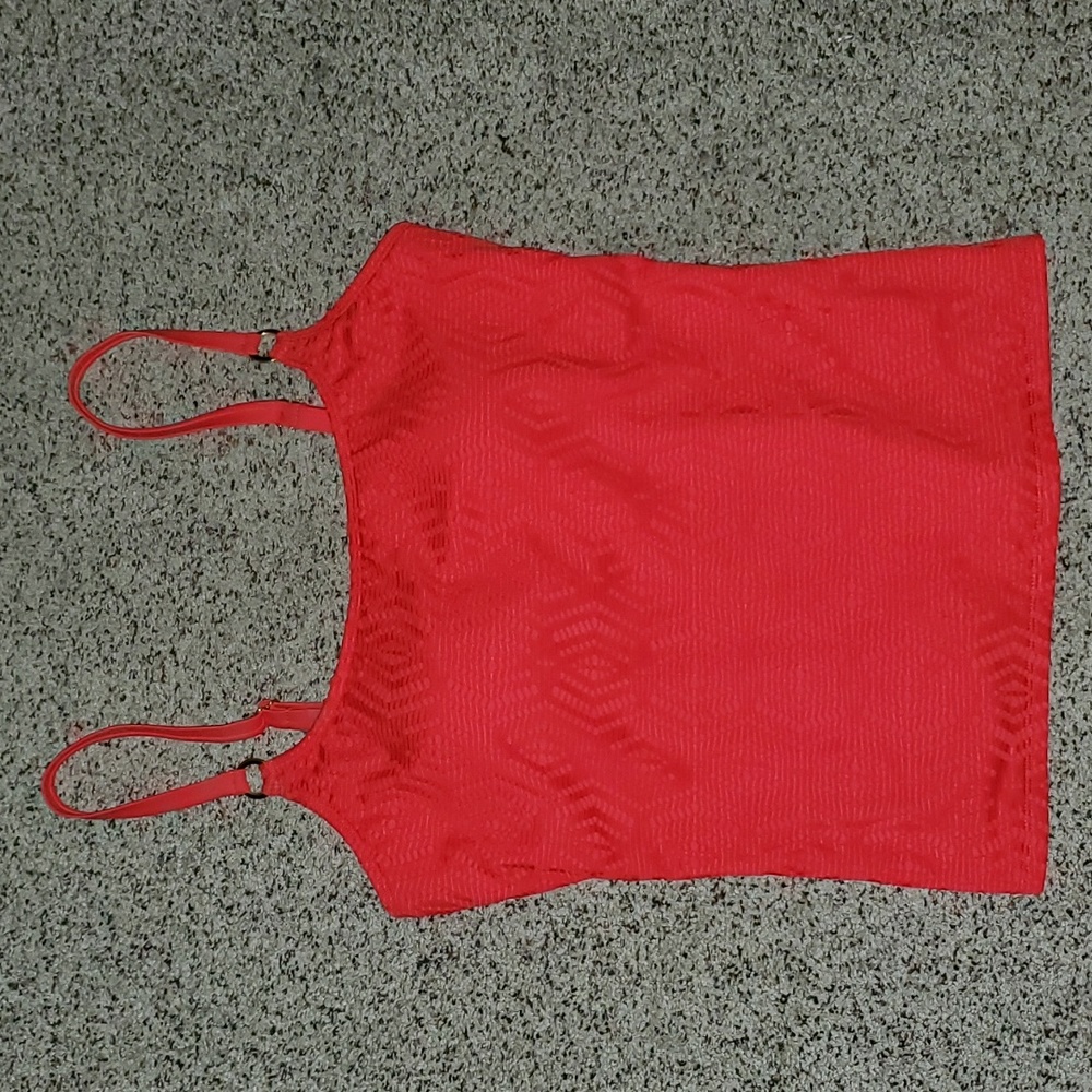 Island Waves Embroidered Lace Mesh Tankini Swimsuit Top Redish - Orange